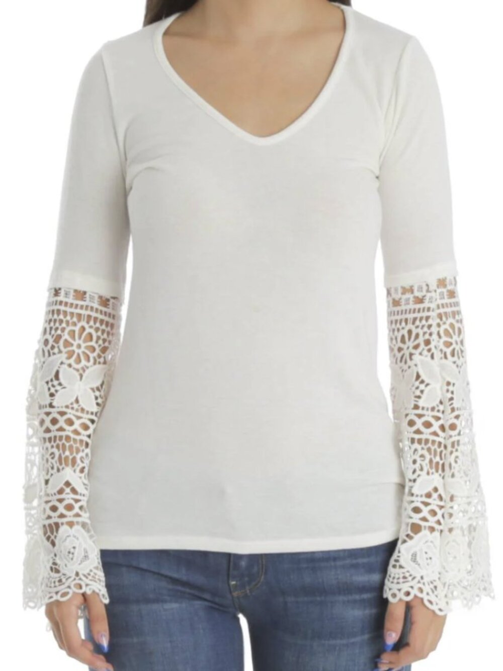 WHBM Coastal White Crochet Bell Sleeve Top
